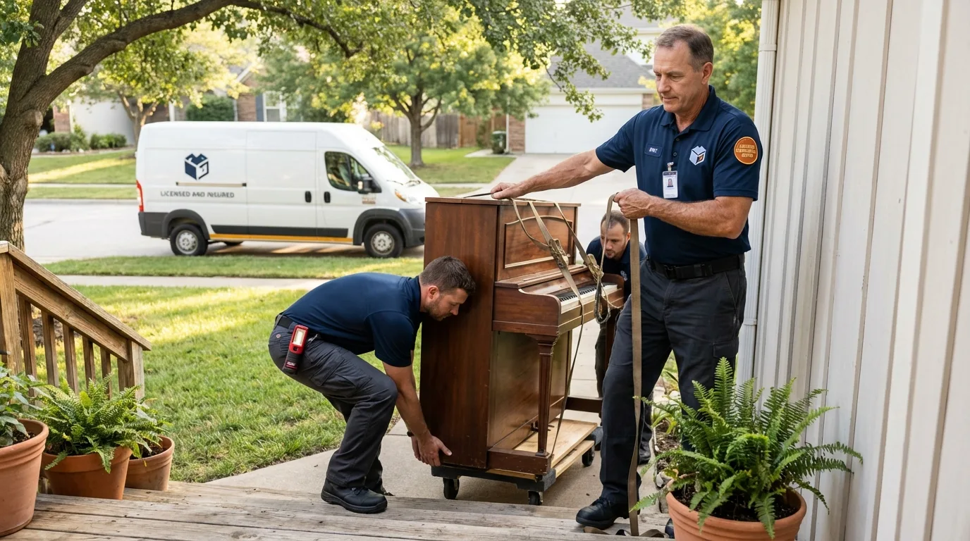 Licensed piano movers securing grand piano in Willow Street, PA