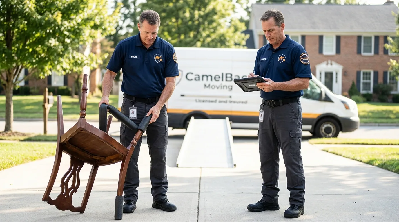 Movers inspecting furniture for damage prevention before loading in Willow Street, PA