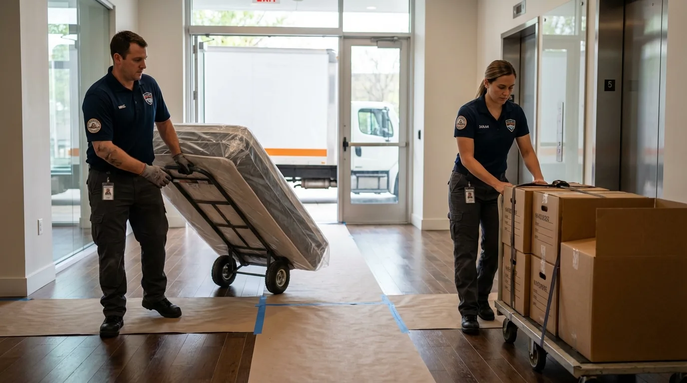 Professional apartment movers loading elevator in Willow Street, PA
