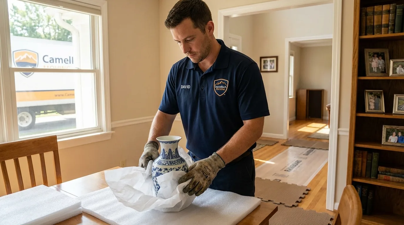 Professional crew carefully wrapping antique vase for senior downsizing move in Willow Street, PA
